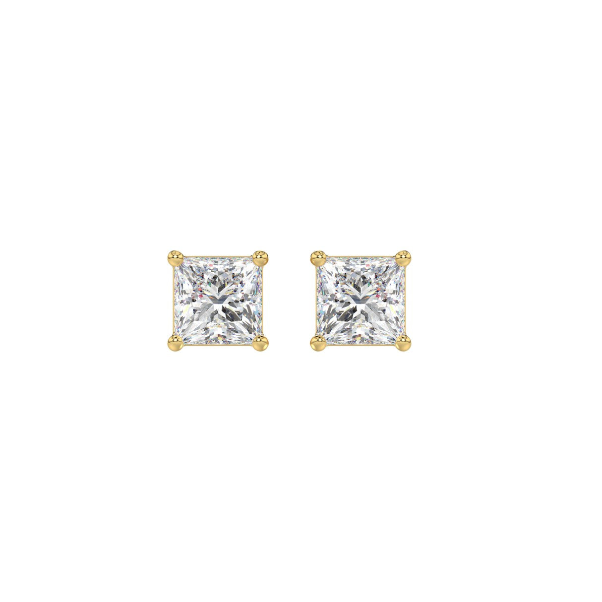 1 Carat Princess Lab Grown Diamond Stud Earrings Yellow Gold angle view